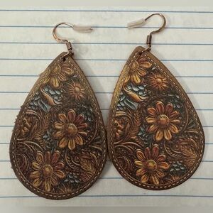 Floral Teardrop Earrings - Brown and Gold